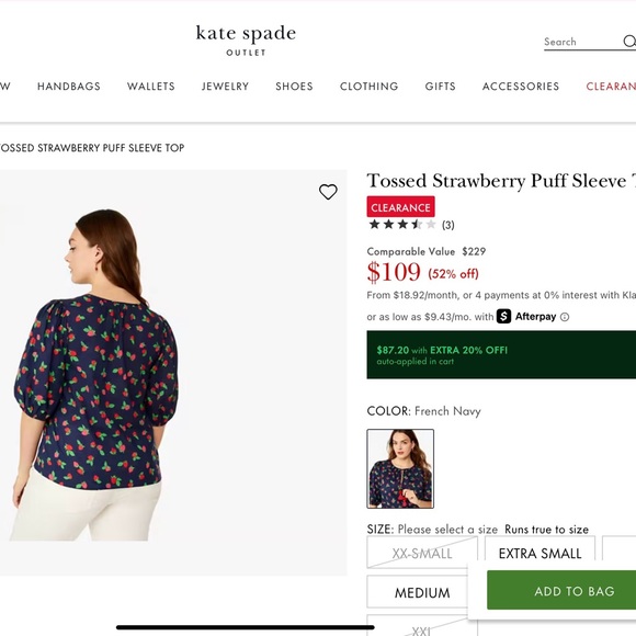 Kate Spade Navy Blue with Strawberry Print Tossed strawberry puff sleeve top - Picture 9 of 11